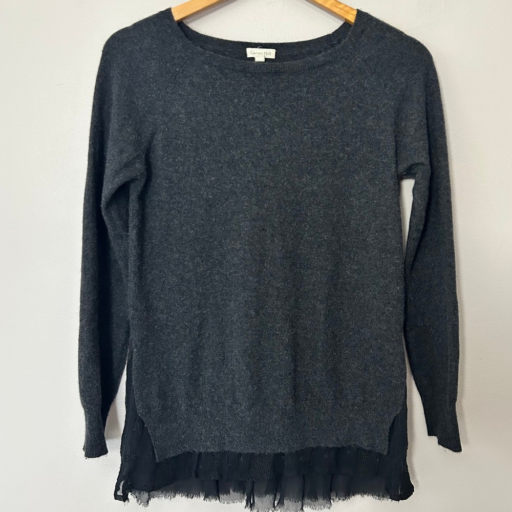 Garnet Hill Sweater Women M Gray 100% Cashmere Chiffon Hem Layered Tunic